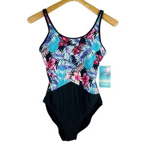 Beach Party Tropical Floral and Black One Piece Swimsuit Size 10